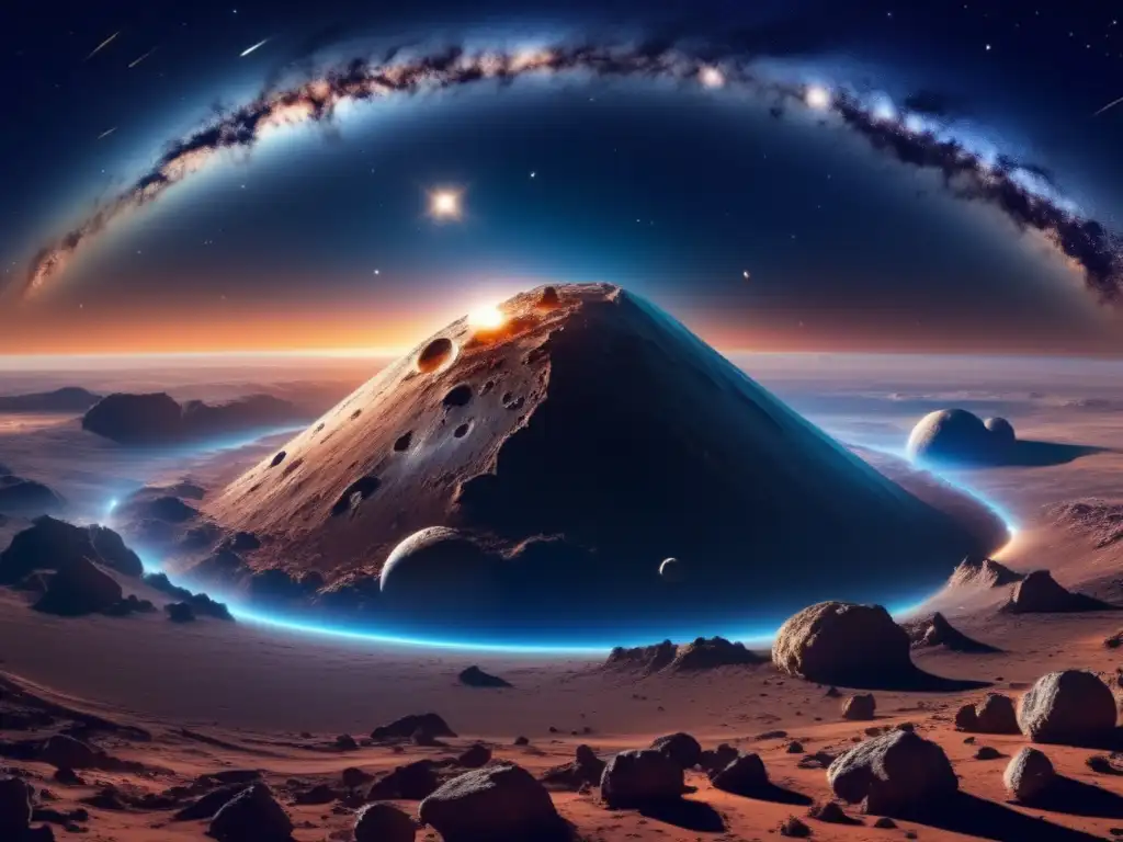 Impresionante panorama estelar con asteroide Estudio de asteroides para defensa planetaria: Imagen impactante de un cielo estrellado en 8k, con un asteroide masivo y la Tierra