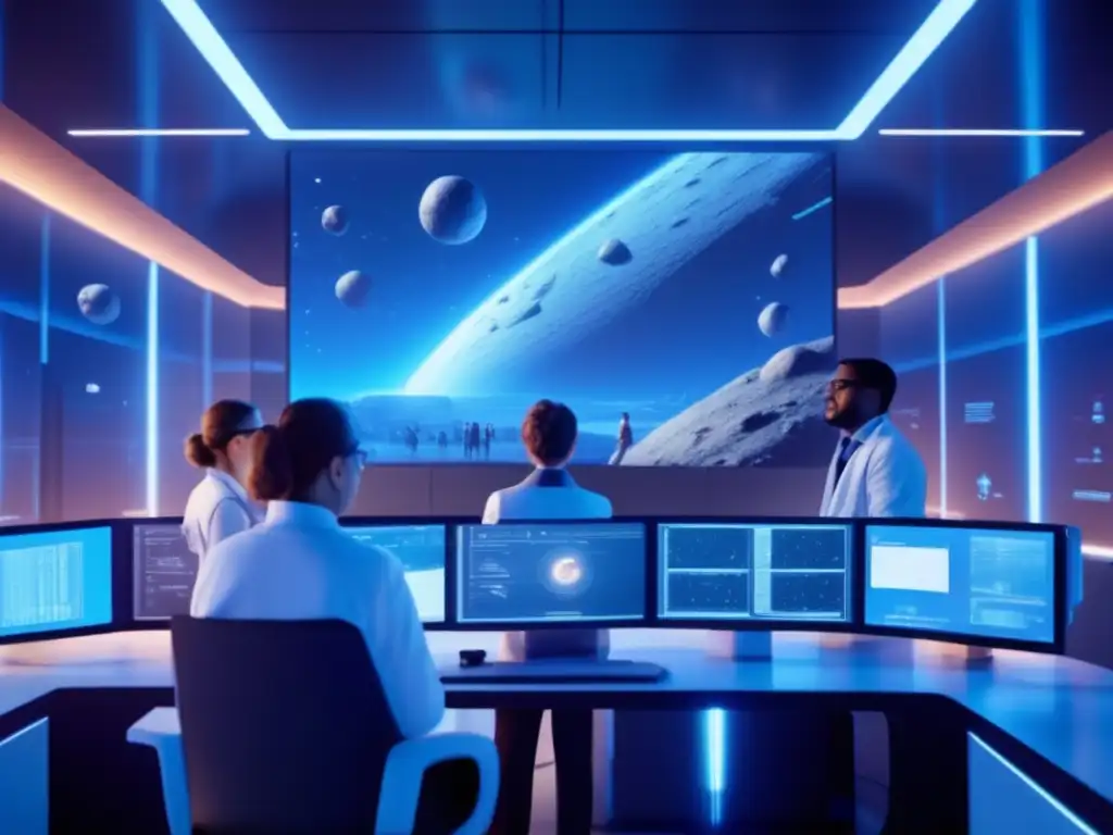 Equipo de científicos en laboratorio de investigación avanzado Estudio evolución asteroides impacto tecnología: científicos analizan datos y ecuaciones en un laboratorio futurista rodeados de tecnología avanzada