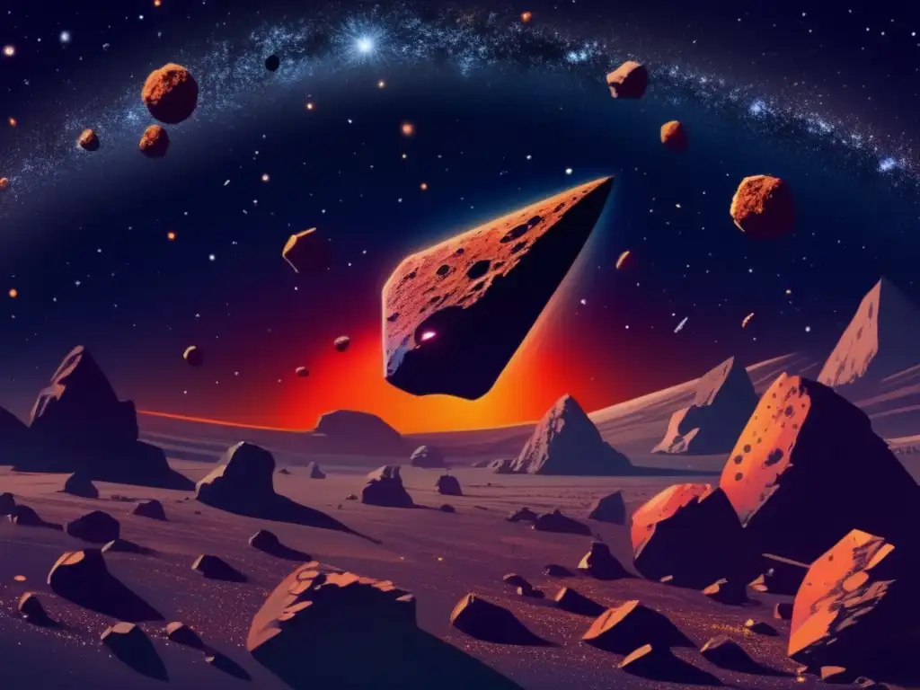 Asteroides flotantes en el espacio Estudio evolución asteroides impacto tecnología: Vista impresionante del espacio exterior con asteroides flotando en la oscuridad