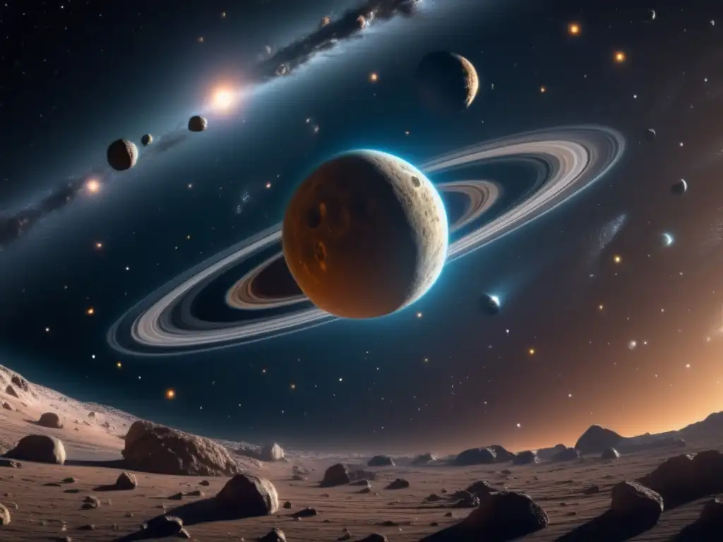 Impresionante cinturón de asteroides Estudio evolución asteroides impacto tecnología: Banda de asteroides en el espacio, con belleza fascinante, iluminada por estrellas distantes