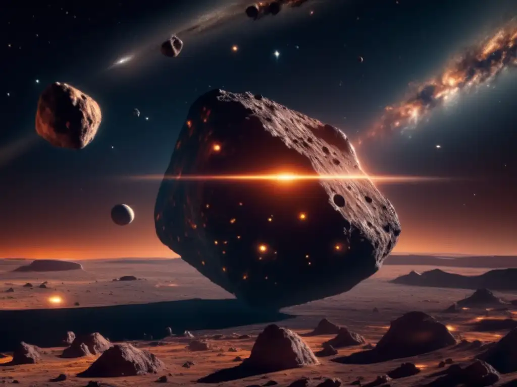 Explorando un asteroide misterioso en el espacio Estudio de objetos cambiantes en asteroides: Imagen 8K panorámica de un misterioso asteroide flotando en el espacio, iluminado por estrellas distantes