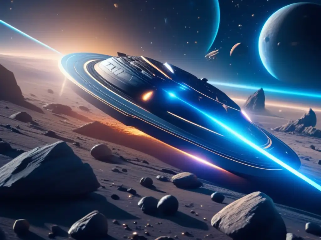 Estudios de asteroides en el universo: nave espacial futurista surca campo de asteroides, creando contraste visual con galaxias distantes