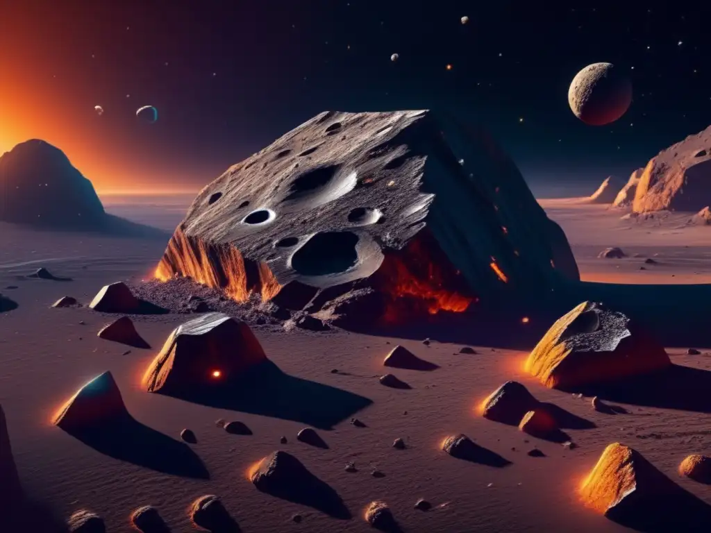 Asombrosa imagen 8k de asteroides Estudios de composición de asteroides en misiones espaciales: Imagen detallada en 8k de un asteroide, revelando su superficie y elementos en una impresionante composición