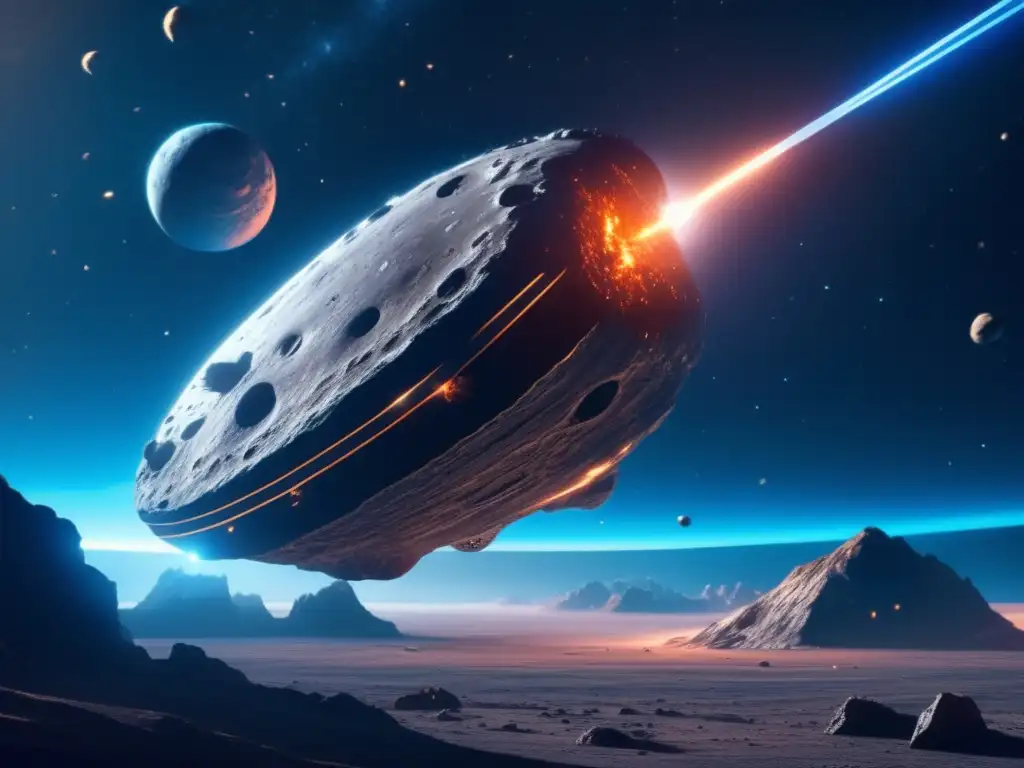 Nave espacial futurista y asteroide en el espacio Estudios de composición de asteroides en misiones espaciales: Nave espacial futurista sobre asteroide colosal en el espacio