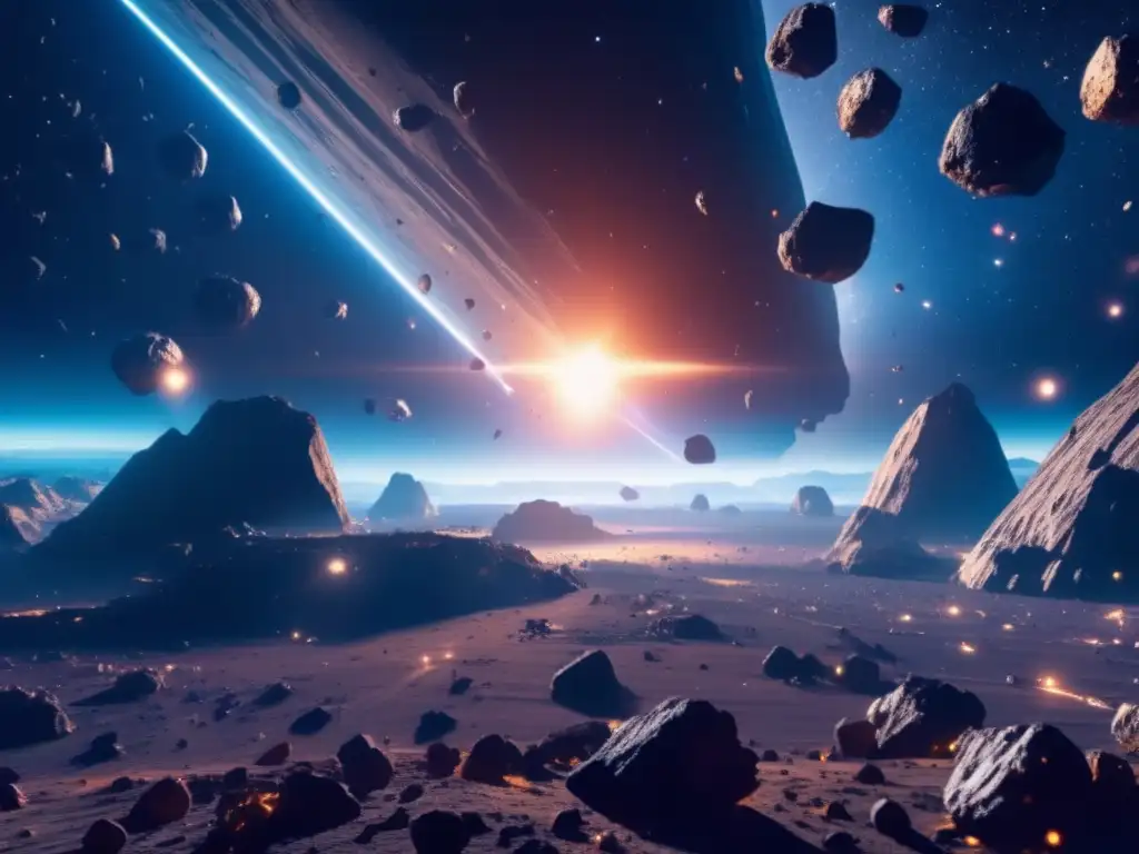 Asteroide: Mineria espacial y ética Ética en la explotación de asteroides: Impresionante imagen 8K muestra campo de asteroides con minas futuristas y nebulosa de colores