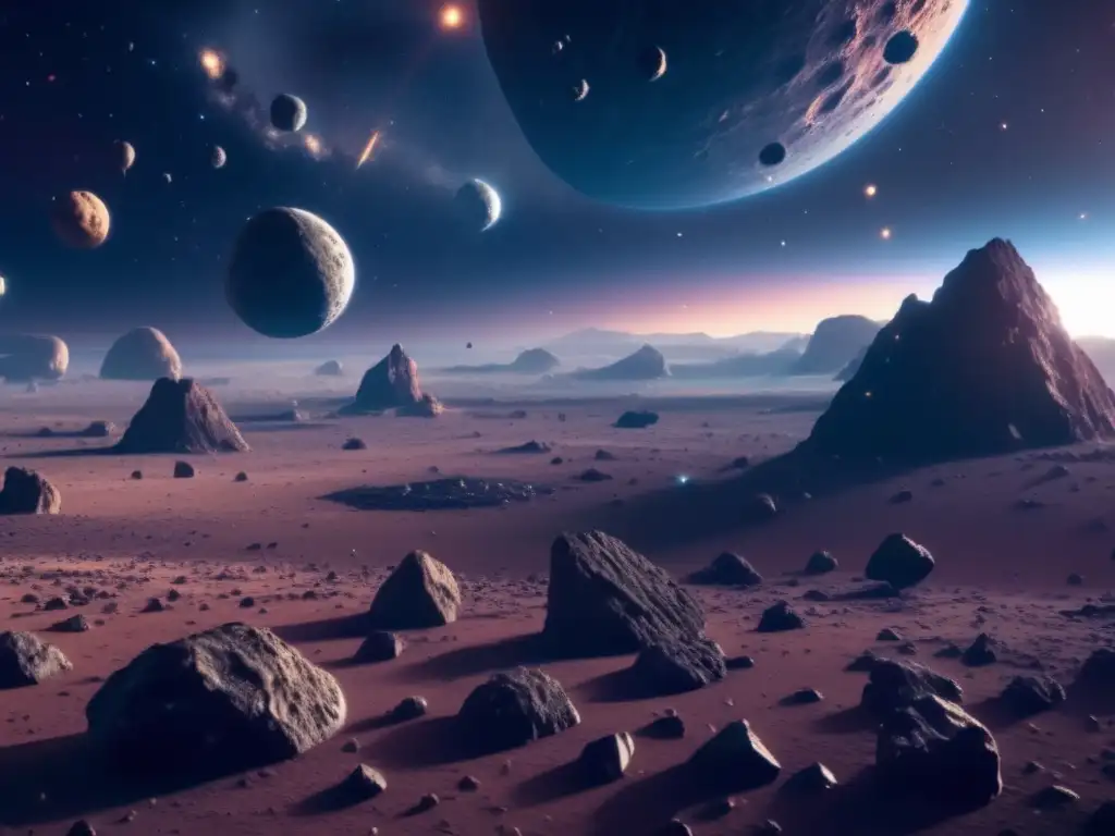 Asteroide en luz etérea, belleza y misterio Ética en la explotación de asteroides: Impresionante imagen 8K de un campo de asteroides, con variedad de tamaños, formas y colores