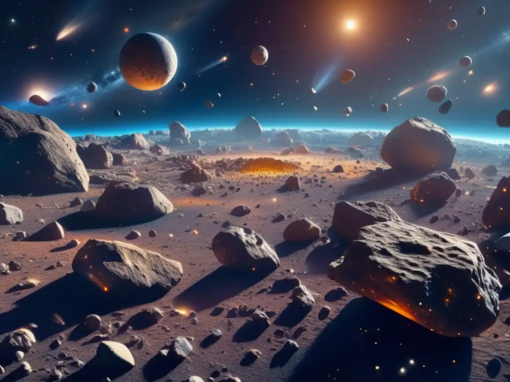 Impresionante campo de asteroides en 8k Ética en la minería de asteroides en el espacio