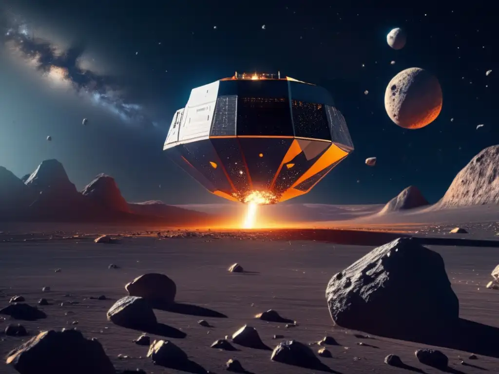 Minera espacial y asteroides Ética de la minería de asteroides: Nave minera futurista extrae recursos en el espacio - 110 caracteres