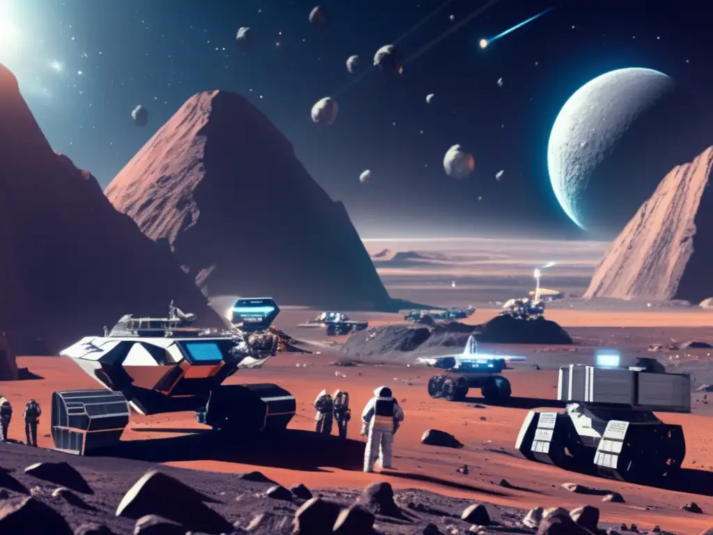 Minería espacial futurista en asteroide Ética en minería de asteroides: operación espacial futurista con extracción de recursos y consideraciones ambientales