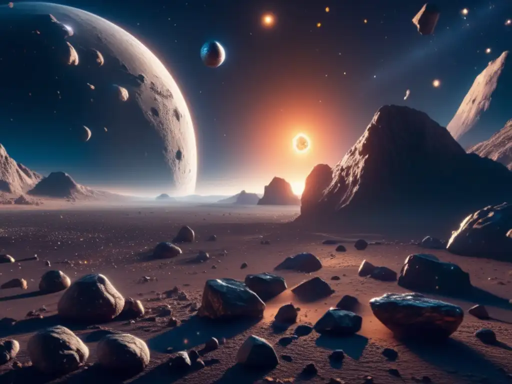 Ética y sostenibilidad en explotación de asteroides: imagen 8k ultradetallada del espacio, asteroides y nave minera