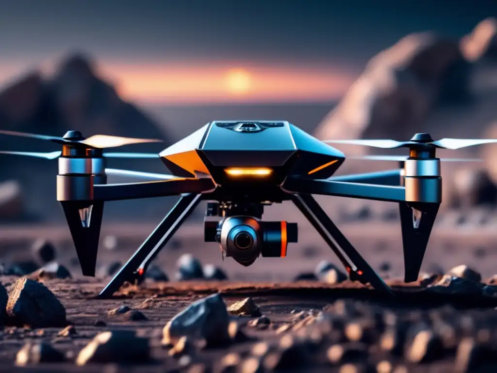 Drone futurista en asteroide Evaluación de asteroides peligrosos con drones
