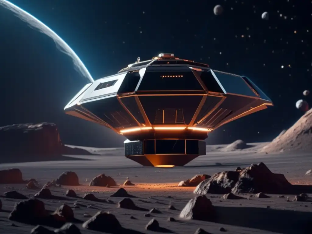 Futurista sonda espacial y drones en asteroide Evaluación de asteroides peligrosos con drones: Imagen impactante muestra sonda espacial futurista sobre asteroide masivo