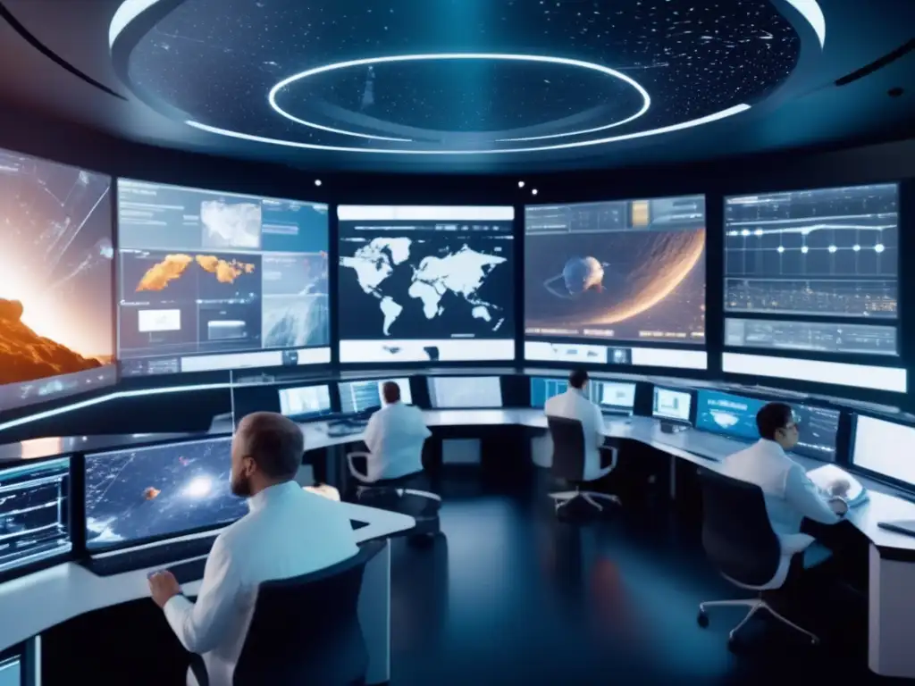 Científicos y ingenieros en sala de control Evaluación de asteroides peligrosos con drones en control room hightech, científicos y ingenieros trabajando diligentemente