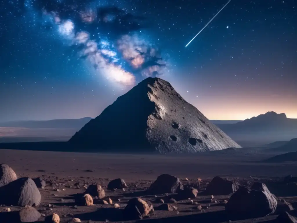 Asteroida amenazante en cielo estrellado Evaluación riesgo colisión asteroides: Detallada imagen 8k de un oscuro cielo estrellado con un imponente asteroide, equipo científico en primer plano