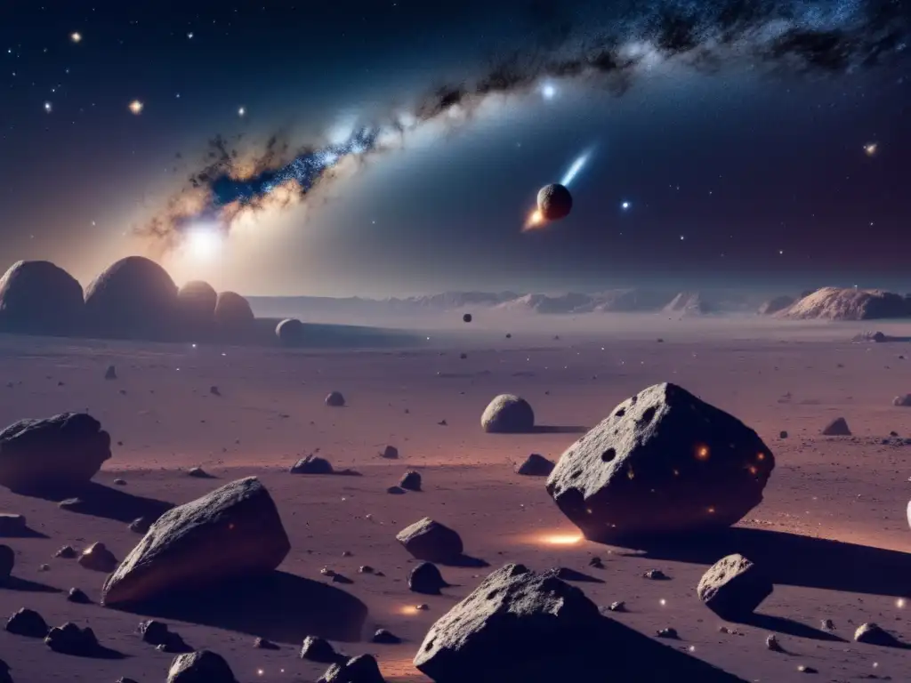 Espacio estelar con asteroides Evaluación riesgo colisión asteroides: Espacio estelar con asteroides y cuerpo celeste distante
