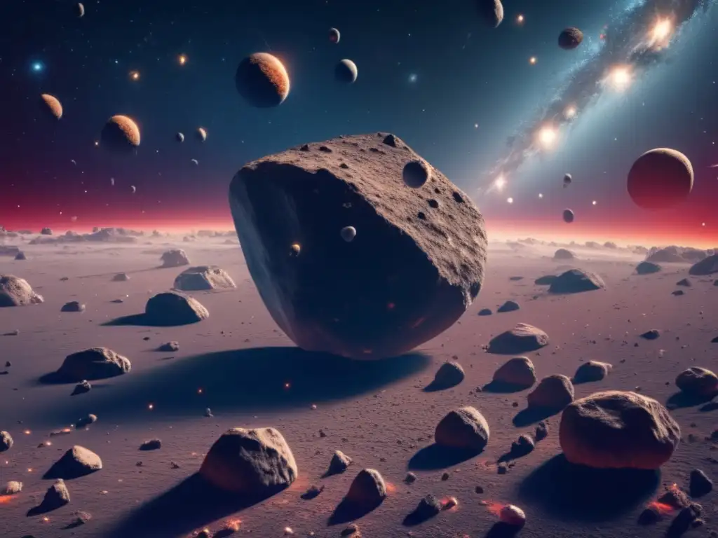 Espectáculo cósmico: Asteroides y espacio Expanse espacial con asteroides de diferentes tamaños y colores, estrellas brillantes, una nave y regulación de armas en asteroides