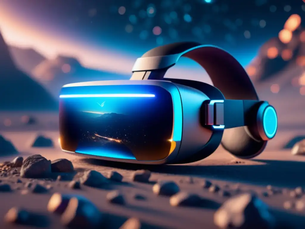 Realidad virtual futurista en campo de asteroides Experiencia virtual asteroides cósmicos con headset futurista flotando en un campo de asteroides