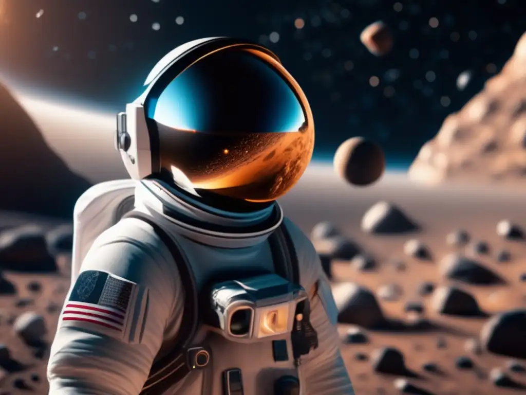 Astronauta flotando en espacio virtual rodeado de asteroides Experiencia virtual asteroides cósmicos: astronauta flotando en el espacio rodeado de un impresionante cinturón de asteroides