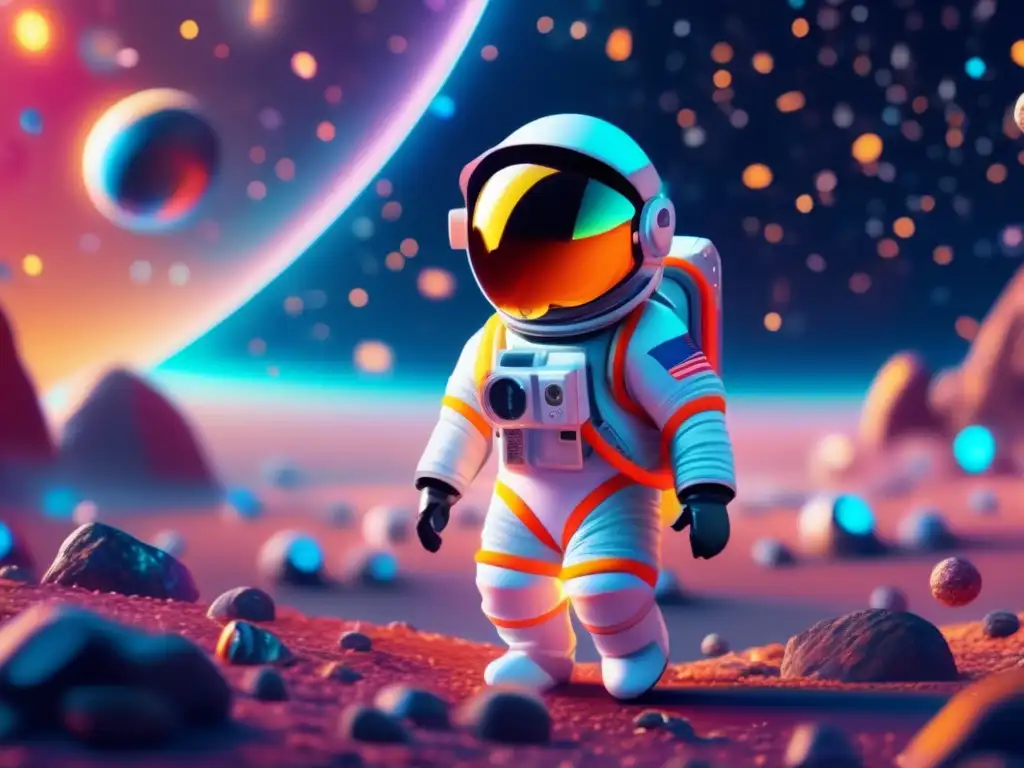 Astronauta flotando en campo de asteroides Experiencia virtual asteroides cósmicos - Astronauta flotando en traje espacial entre asteroides vibrantes