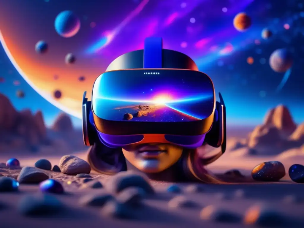 Headset de realidad virtual con visuales cósmicos Experiencia virtual: asteroides cósmicos inmersivos
