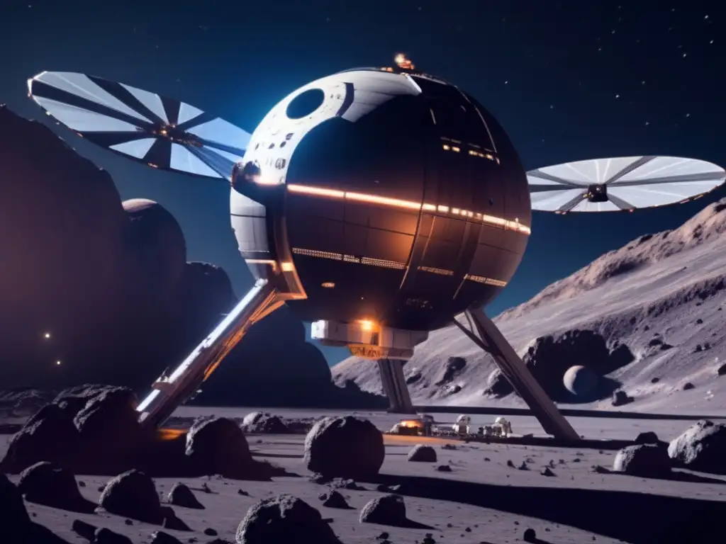Exploración de asteroides: Alianzas estratégicas en estación espacial futurista orbitando asteroide
