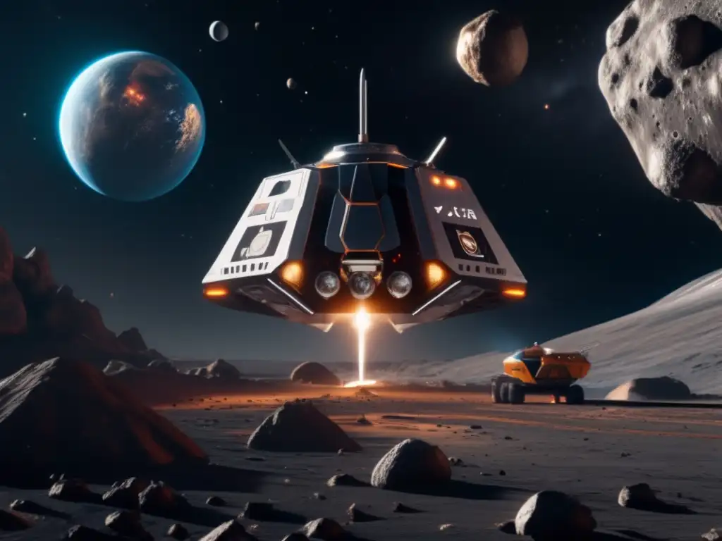 Exploración de asteroides: Alianzas estratégicas en imagen 8k ultradetallada de nave espacial en asteroide