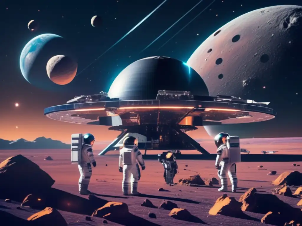 Estación espacial futurista y equipo de astronautas capturando asteroide Exploración de asteroides: Alianzas estratégicas en el espacio