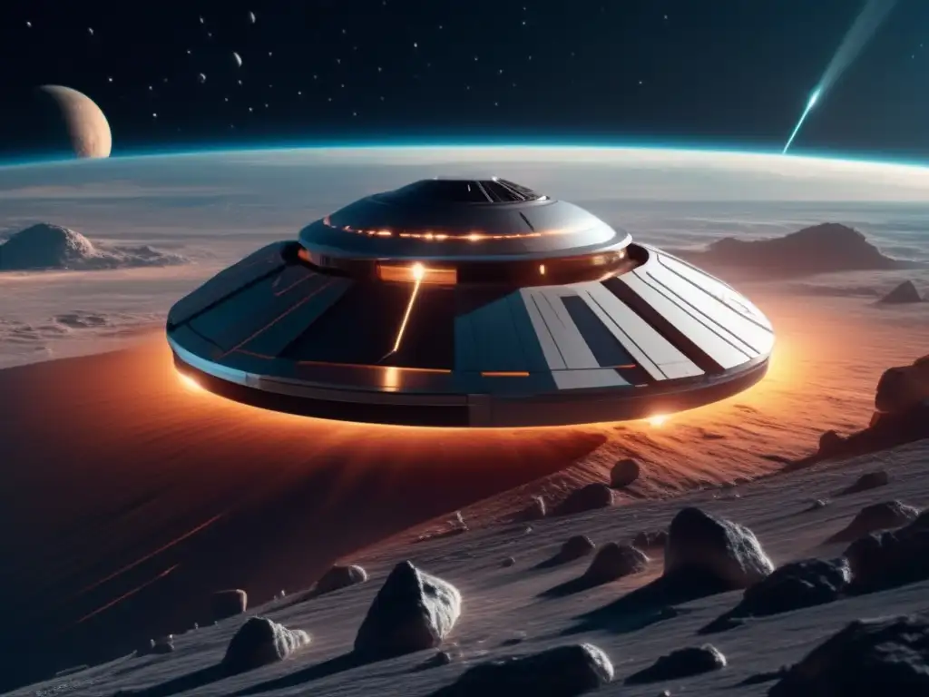 Espacio: nave láser y asteroide Exploración de asteroides con láser: corte y análisis espacial
