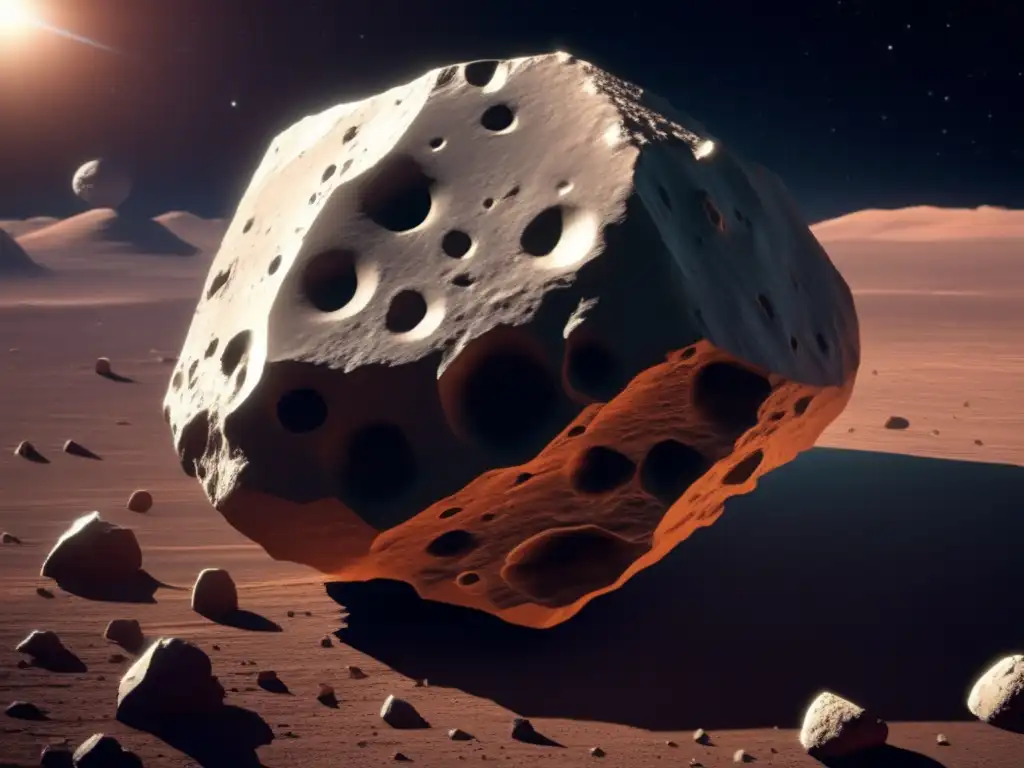 Asteroide flotando en el espacio Exploración de asteroides para astrobiología: Asteroides en el espacio con textura, sombras y partículas suspendidas