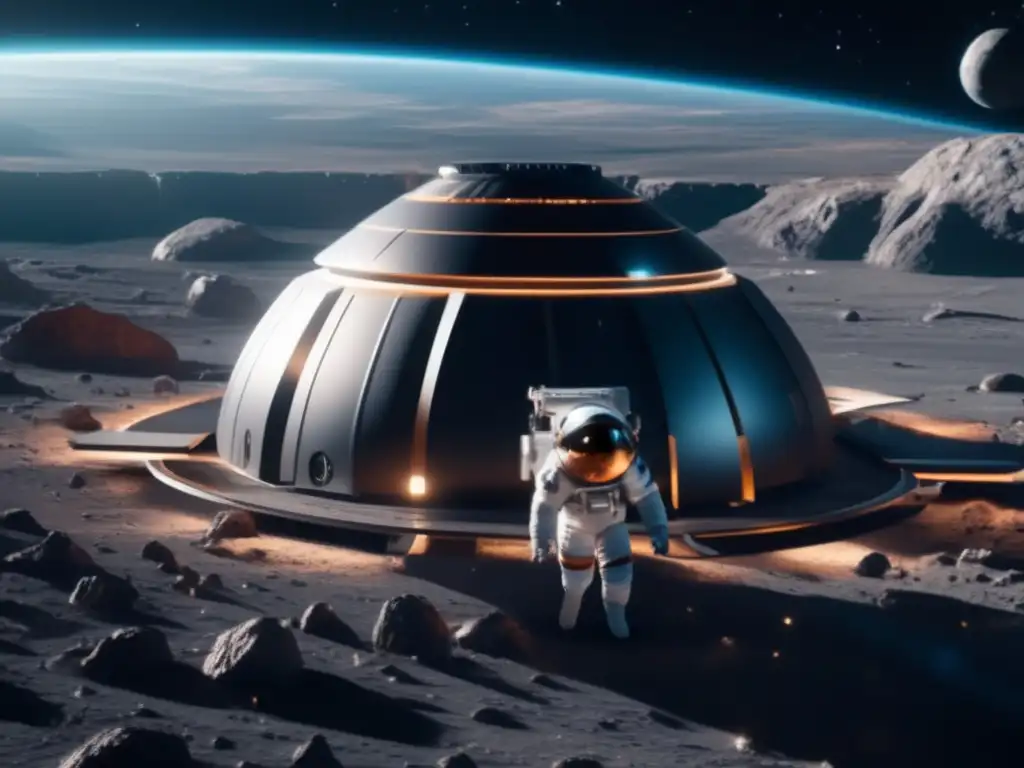 Estación espacial y asteroide: exploración y extracción Exploración de asteroides para astrobiología: estación espacial futurista orbitando asteroide con vista impresionante del cosmos