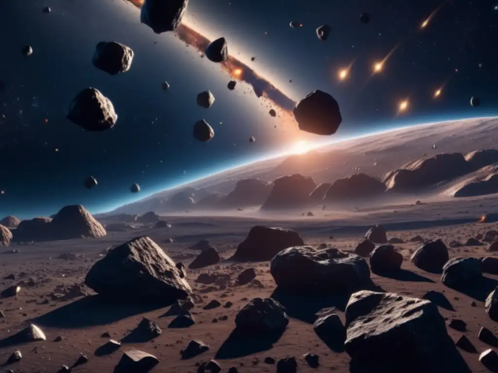 Panorámica asombrosa de asteroides en el espacio Exploración de asteroides para astrobiología: increíble imagen 8k ultradetallada de un campo de asteroides en el espacio profundo