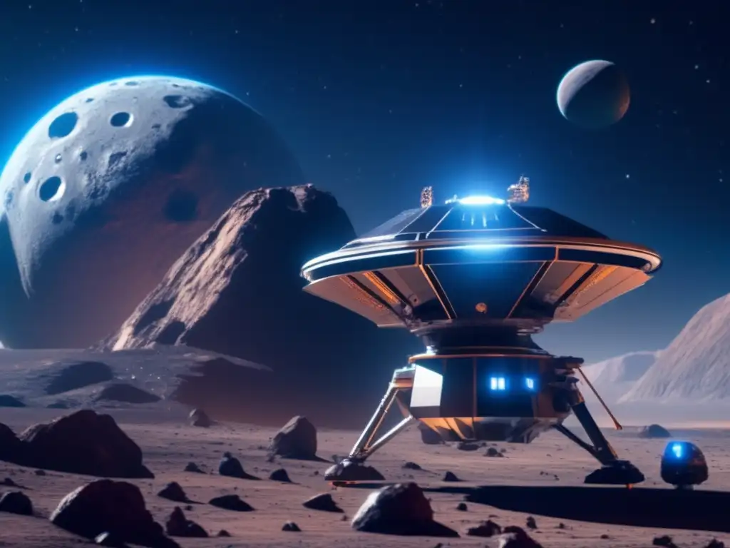 Sonda espacial escaneando asteroide Exploración de asteroides para astrobiología