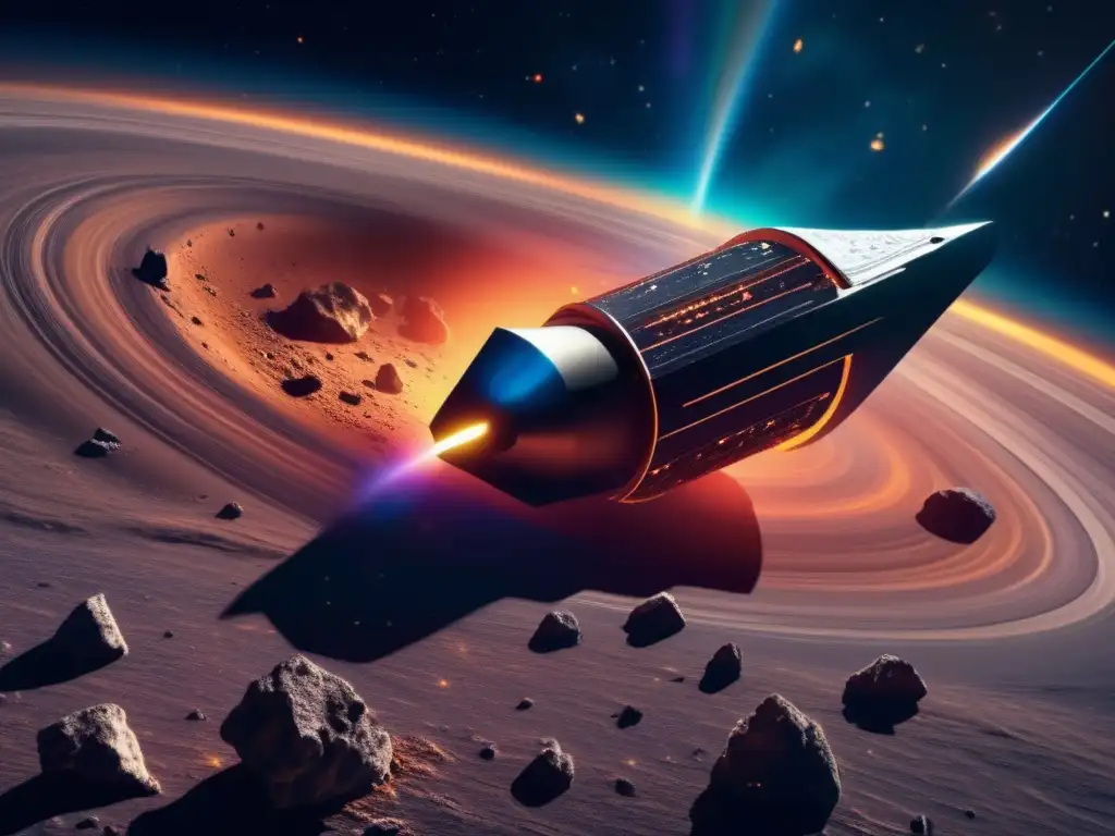 Sonda espacial acercándose a asteroide en nebulosa Exploración de asteroides: avances recientes, sonda espacial se acerca a asteroide rodeado de nebulosa y estrellas