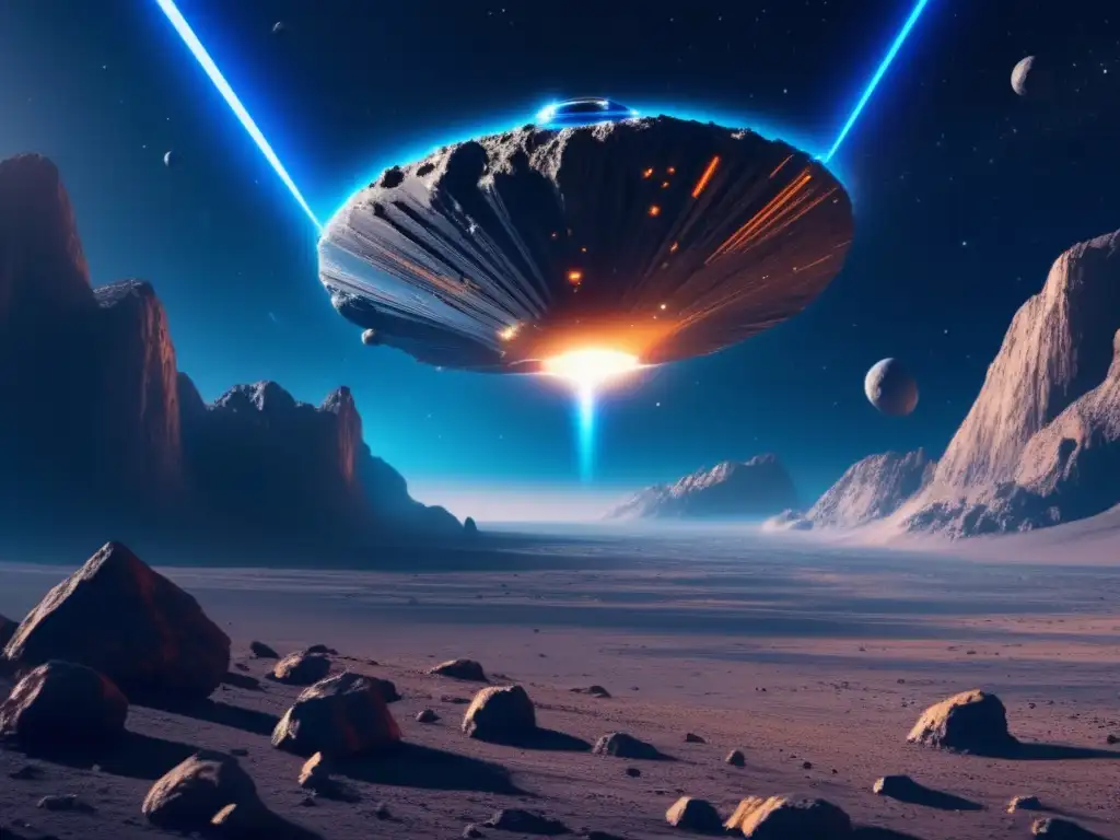 Futurista nave espacial sobre asteroide Exploración de asteroides: avances recientes - Nave futurista sobre asteroide, espacio infinito, tecnología avanzada y emoción