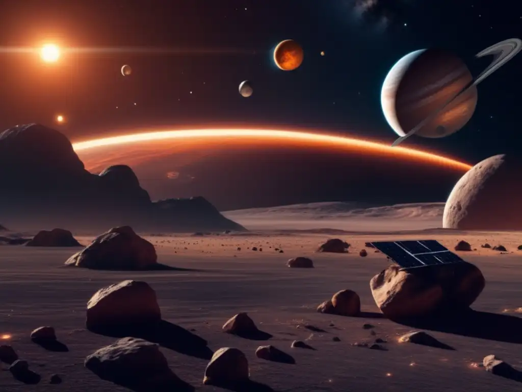 Exploración espacial y vastedad celeste Exploración de asteroides: avances recientes, imagen panorámica 8K del sistema solar con nave espacial, asteroides y estrellas