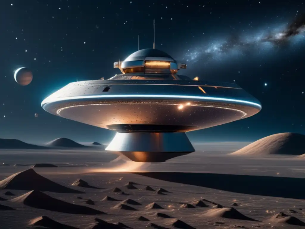 Captura de espacio, nave Stardust y asteroide iluminado Exploración de asteroides: tecnología avanzada y belleza cósmica