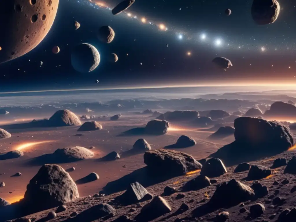 Vista impresionante de un cinturón de asteroides Exploración de asteroides: Beneficios y belleza en la formación y origen de la vida