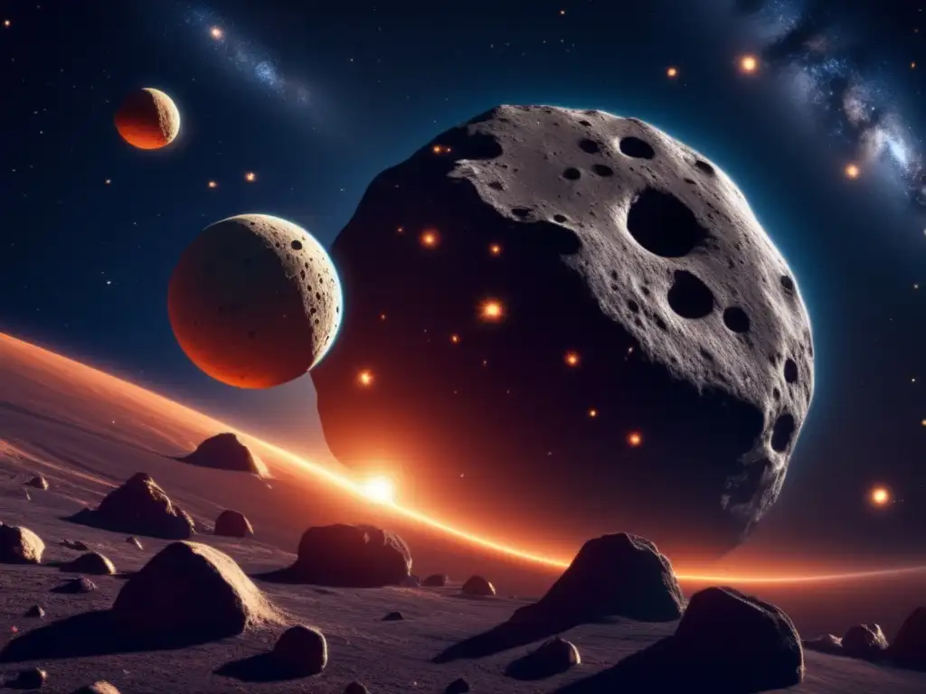 Sistema binario de asteroides en el espacio Exploración de asteroides binarios en el espacio: Detalle impresionante de un sistema binario con un asteroide irregular y otro esférico orbitando