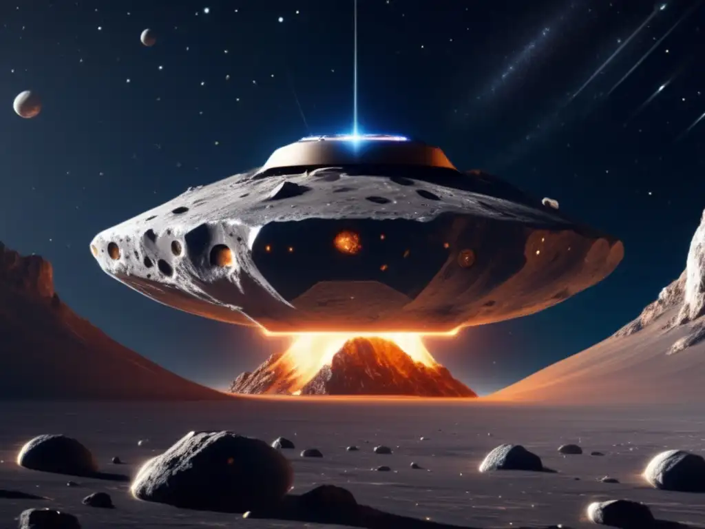 Nave espacial futurista sobre asteroide Centauro Exploración de asteroides Centauro: desafíos y estrategias con una nave espacial futurista y un asteroide rocoso
