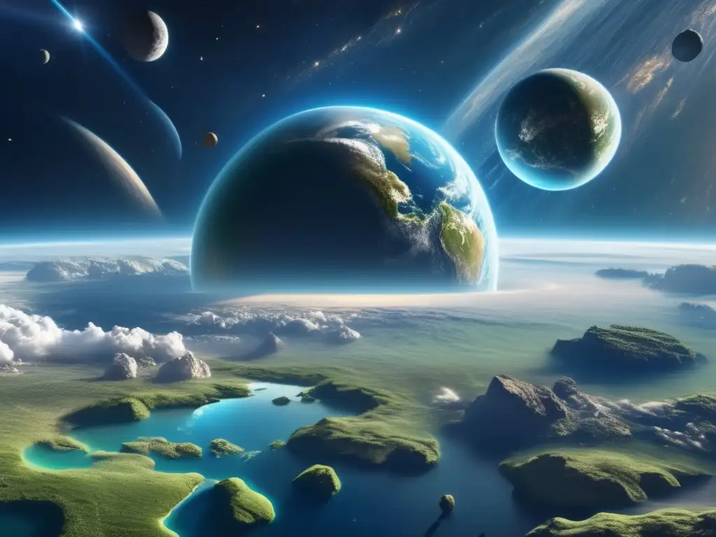 Vista impresionante de la Tierra y asteroides Exploración de asteroides cercanos a la Tierra en el espacio