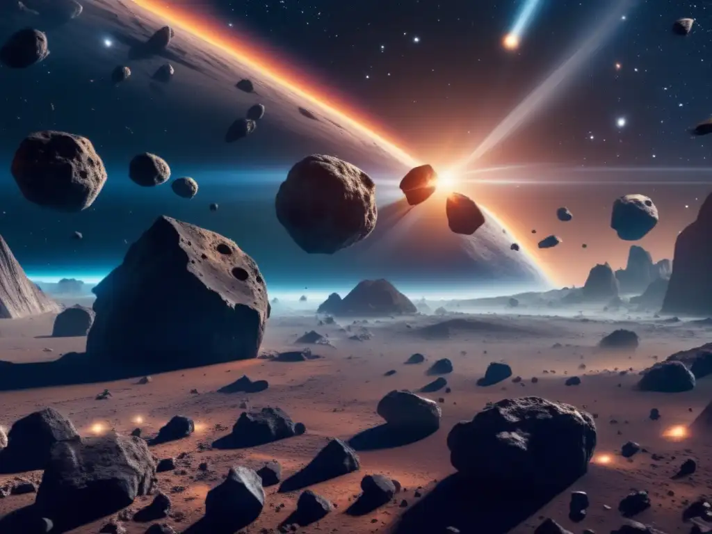 Impresionante campo de asteroides y nebulosa Exploración de asteroides para compuestos bioactivos en impresionante imagen 8k de campo de asteroides y nebulosa vibrante