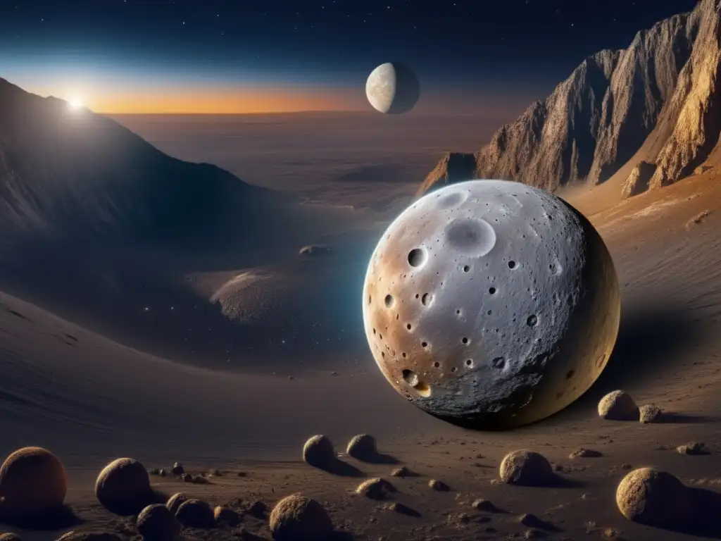 Exploración de asteroides en detalle: Ceres, planeta enano majestuoso con superficie rugosa y cráteres, bañado en un suave resplandor dorado