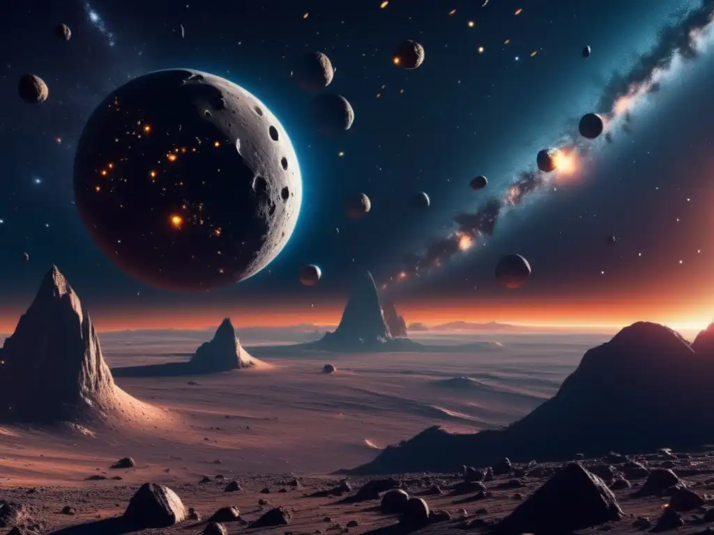 Exploración de asteroides en detalle: nave espacial minera en expanse espacial, rodeada de cinturón de asteroides y otros barcos mineros