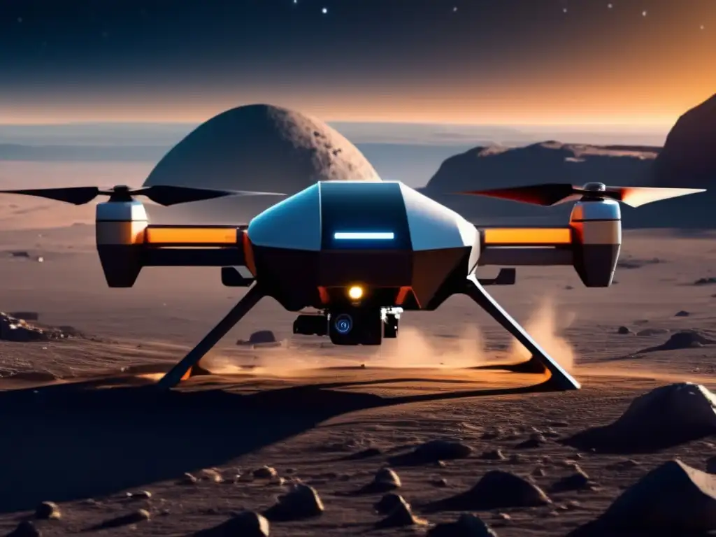Exploración de asteroides con drones: imagen impactante del futuro, con un dron avanzado capturando detalles de un asteroide en el espacio