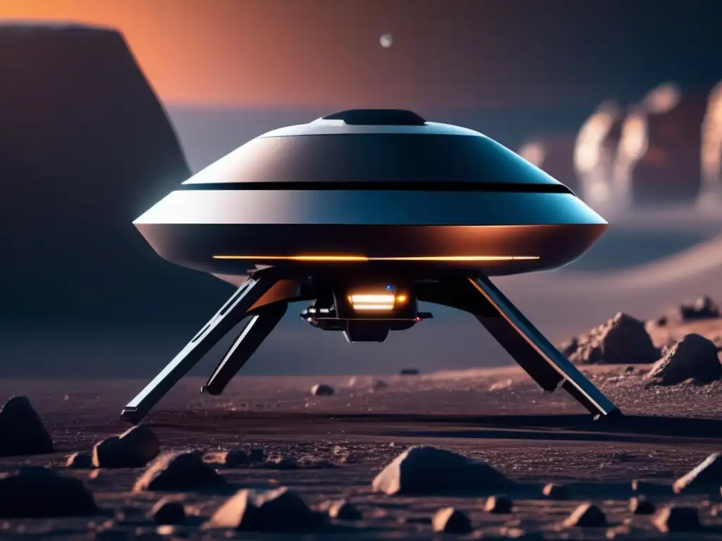 Exploración de asteroides con drones - Imagen detallada de un dron futurista en un asteroide con vistas al espacio