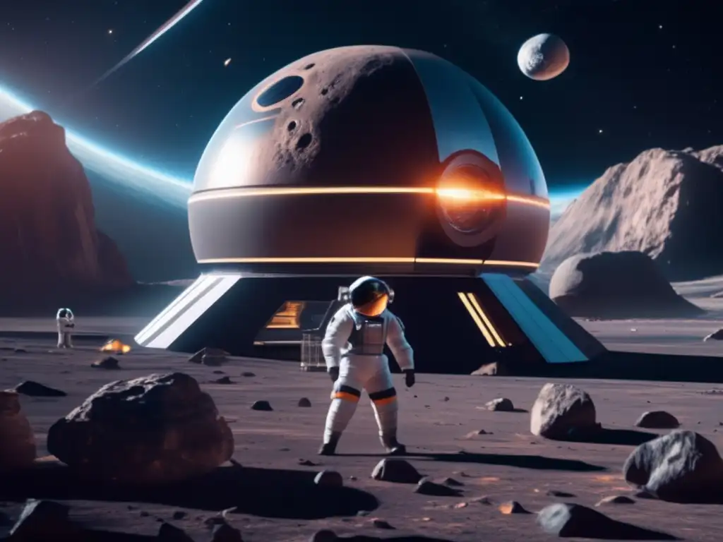 Estación espacial futurista en asteroide Exploración de asteroides para regeneración: Estación espacial futurista en órbita de asteroide masivo