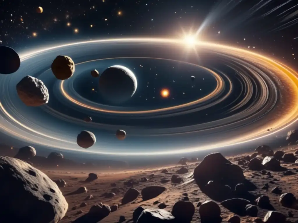 Impresionante cinturón de asteroides en el espacio profundo Exploración de asteroides en el espacio: asombrosa imagen 8k detallada de un cinturón de asteroides giratorio en el espacio profundo
