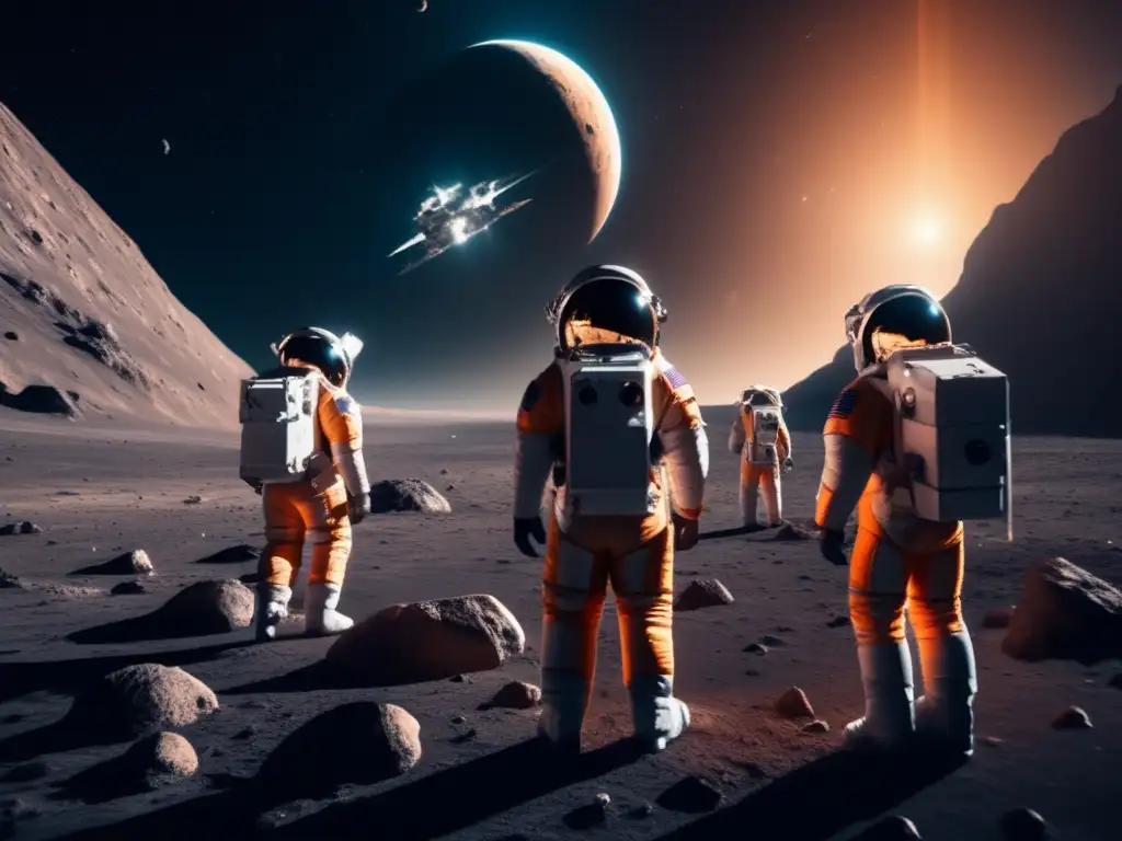 Exploración de asteroides en el espacio: astronautas flotando cerca de un asteroide