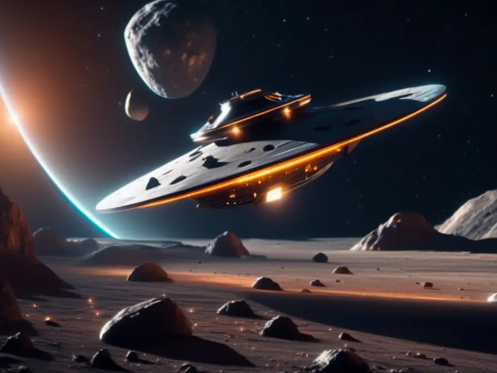 Espacio y exploración: nave futurista y asteroide Exploración de asteroides en el espacio: avanzada tecnología minera en una nave futurista cerca de un asteroide