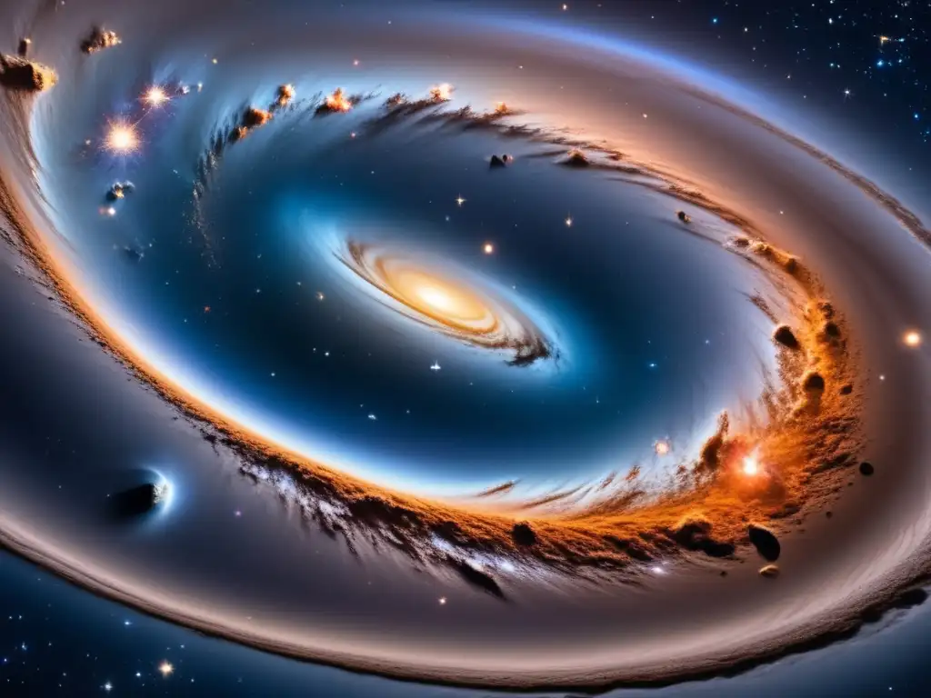 Galaxia espiral con asteroides Exploración de asteroides en el espacio: galaxia con estrellas, espirales, asteroide iluminado, superficie rugosa